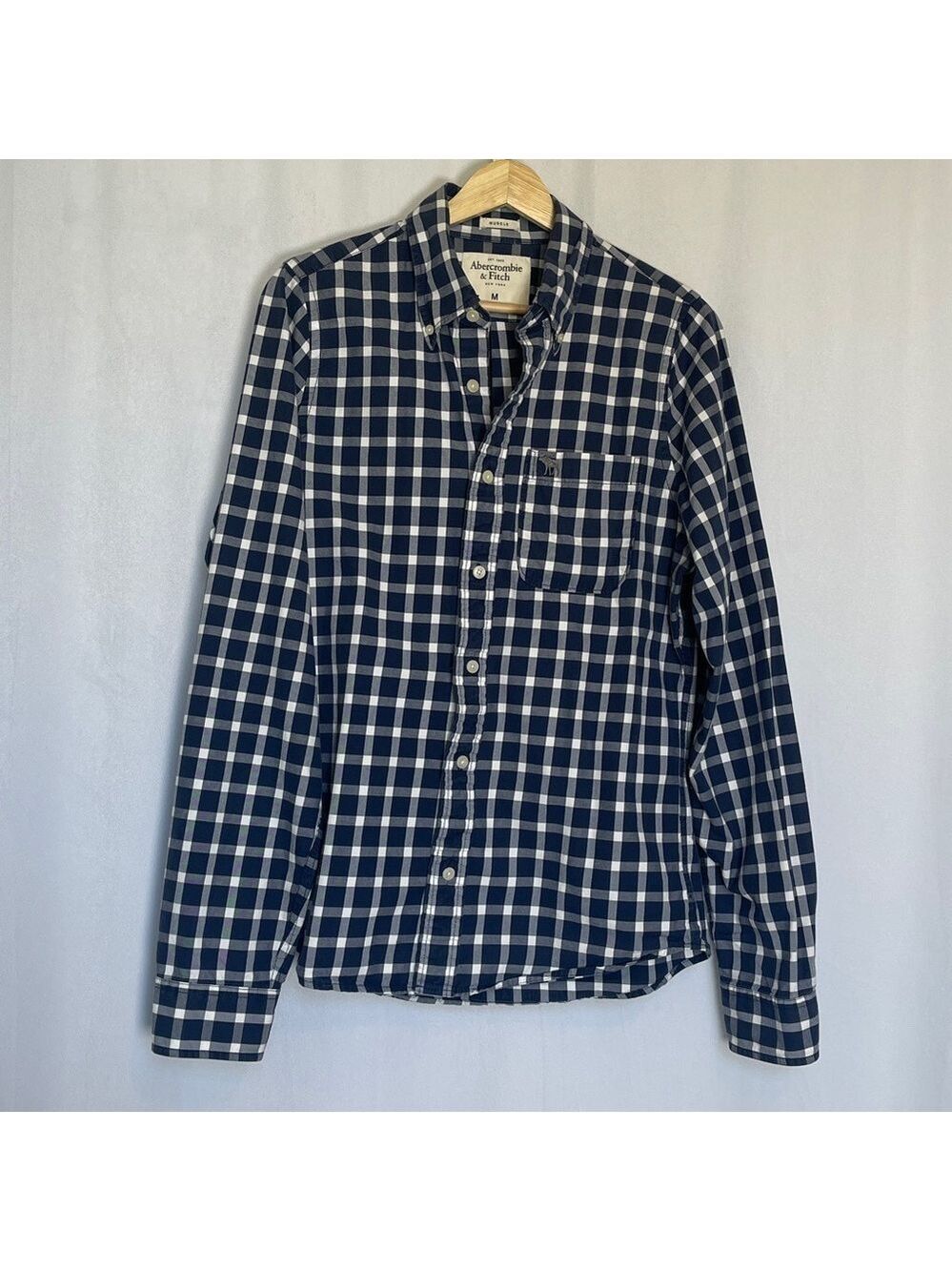 Abercrombie and Fitch Muscle Fit Button Down Shirt Sz M Blue White Check Preppy